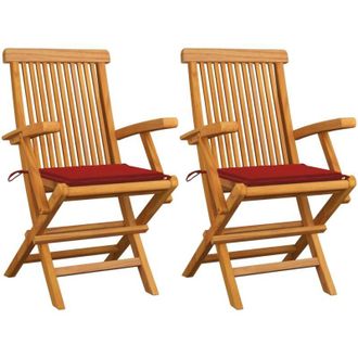 vidaXL Sillas De Jard&iacute;n 2 Uds Madera Maciza De Teca Con Cojines Rojos Vidaxl