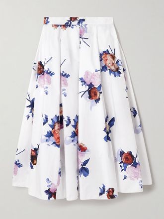 Erdem Gonna Midi In Popeline Di Cotone Floreale A Pieghe - Bianco