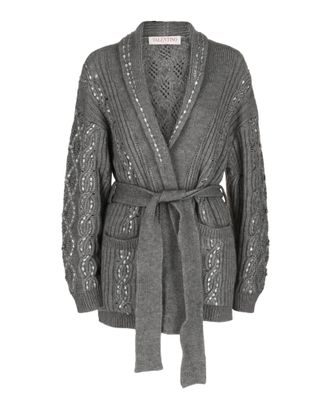 Valentino Embellished Cable-Knit Belted Cardigan Sweater