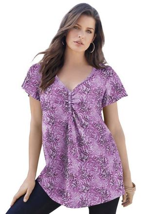 Roaman's Plus Size Cotton Ultimate Flutter Sleeve Sweetheart Tee in Orchid Flowy Leaves at Nordstrom, Size 32