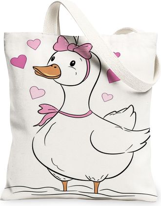 Generic Cute Duck Canvas Tote Bags, Adorable Animal Design Reusable Grocery Bags, Lightweight Washable Shoulder Strap Canvas for Sh, White, 13x15 Inch