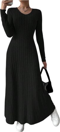 Generic Womens Long Sleeve Sweater Dress Autumn Winter Crewneck Ribbed Knit Warm Pleated A-Line Maxi Wedding Guest Dresses,Black Sequin Dress Ladies Summer Ca