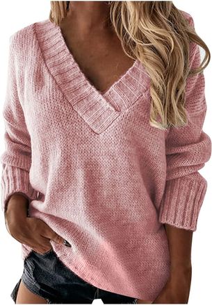 Generic Womens Knitted Jumpers V Neck Long Sleeve Tops Ladies Lightweight Jumpers Loose Pullover Sweater Fall Fashion Solid Color Oversized Sweatshirt Comfy K