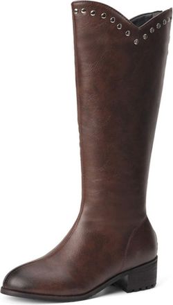 Generic Womens Round Toe Mid Block Heel Knee High Zip Up Riding Boots Fashion Winter Shoes with Studded Decor (5.5,Brown)