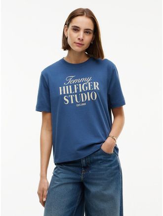 Tommy Hilfiger Womens Relaxed Fit Tommy Studio Logo T-Shirt - Aegean Sea - XL