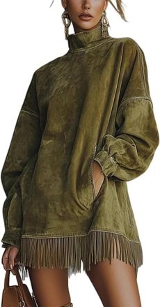 Generic Womens Suede Mini Dress, High-Neck Suede Velvet Vintage Loose Pocket Fringe Long-Sleeve Dress with Pockets (Army Green,XL)