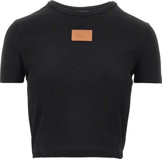 Fendi Cropped T-shirt with leather logo patch Woman S