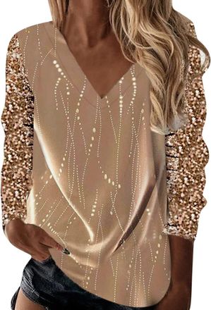 Generic Women Sparkly Sequin Printed Top Shirt Loose V Neck Long Sleeve Blouse Fashion Casual T Shirt Tops Women Elegant Top Shirts Pullover Y2k Blouses Slim 