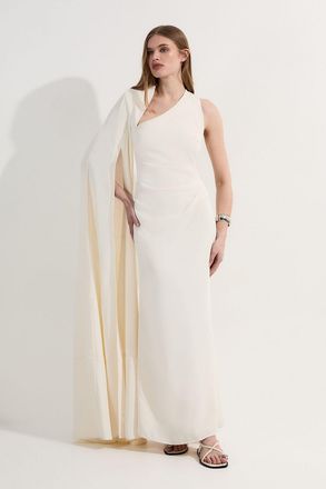 Karen Millen Womens Petite Soft Tailored Cape Sleeve Maxi Dress - White - Size 14 UK