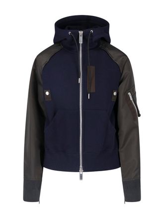 sacai Blue Hooded Cotton-Blend Technical Zip Jacket