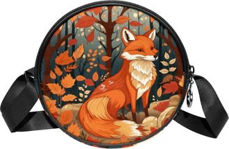 Generic Circle Crossbody Bag for Women, Autumn Tree Foxes Small Sling Bag Daypack with Zipper Adjustable Shoulder Straps Casual Ladies Girls Round Purse