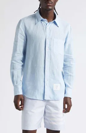 Thom Browne Straight Fit Garment Dye Linen Button-Down Shirt in Light Blue at Nordstrom, Size 2