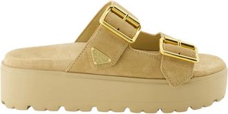 Prada Schoenen, Dames, Beige, 40 EU, Leer, Platform Mules