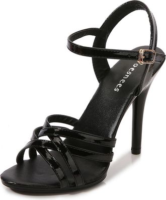 Generic Womens Strappy Heeled Sandals Open Toe Ankle Strap Buckle Stiletto high Heels Patent Leather Party Dance Dressy Shoes,Black,5.5 UK