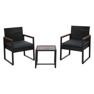Hhg Conjunto De Muebles De Rat&aacute;n Sint&eacute;tico Hhg-733, Conjunto De Sal&oacute;n Para Jard&iacute;n Con 2 Sillas Y Mesa, Madera De Acacia, Tela De 180 G/m&sup2;, Negro, Tapizado