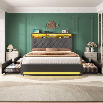 Merax Grey Linen 4ft6 Double Bed with 4 Drawers & LED Storage Headboard