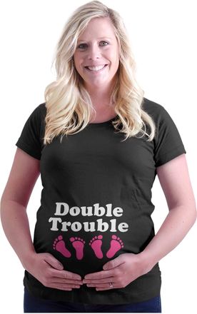 Brisco Brands Maternity Clothes Double Touble Trouble Funny Cute Mom Twins Pregnancy T-Shirt