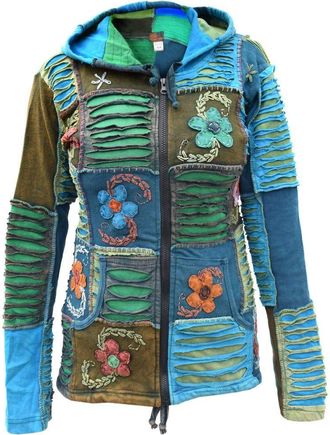 Gheri Ladies Razorcut Ribs Embroidery Floral Patchwork Turquoise Hoodie Unlined 14