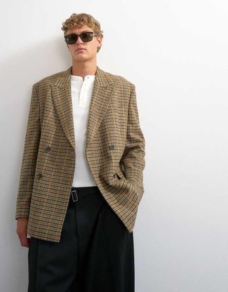 Topman blazer doppiopetto oversize a quadri testurizzato in misto lana marrone