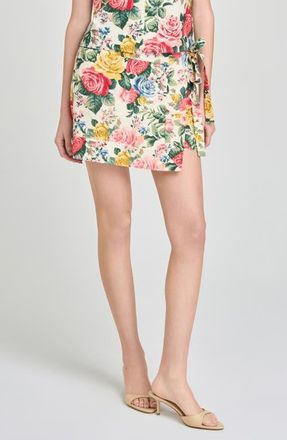 Wayf Amelia Floral Linen Blend Wrap Miniskirt in Ivory Roses at Nordstrom, Size X-Small