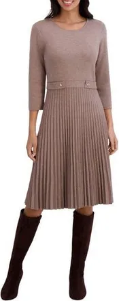 London Times Long Sleeve Pleated Flare Skirt Dress in Dark Taupe at Nordstrom Rack, Size X-Large