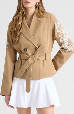 NVLT Embroidered Belted Crop Trench Coat in British Tan at Nordstrom, Size X-Large