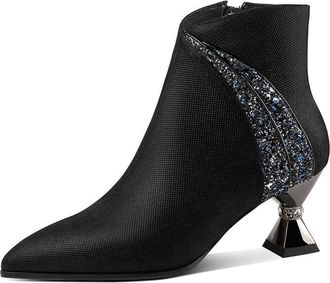 TinaCus Handmade Womens Genuine Leather Rhinestones Woven Design Pointed Toe Side Zipper Mid Spool Heel Ankle Boots Shoes, Black, 4 UK