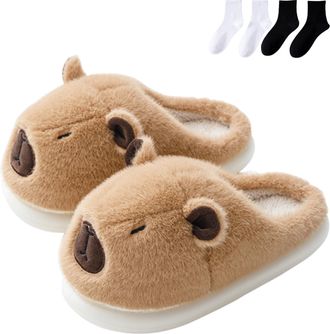 Generic Capybara Slippers for Women Men, Cute Plush Cartoon Slippers, Winter Warm with Non-slip Thick Sole (Khaki-A, One Size, Adult, Women, 9.5, Numeric Rang
