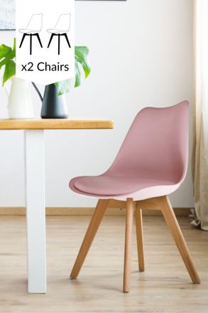 Fusion Living Set of 2 Soho Plastic Dining Chairs with Squared Light Wood Legs in Dusty Pink