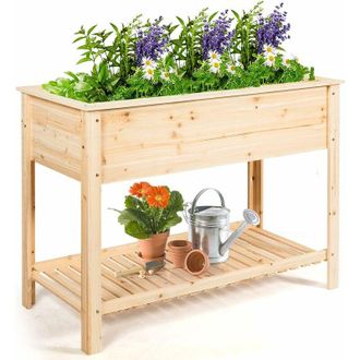 Costway Fioriera di Legno da Giardino, Vaso Rialzato con Ripiano, Porta Piante per Giardino, Ideale per Piante Verdure e Fiori (92 x 41 x 81 cm)