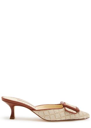 Manolo Blahnik Maysalebi 50 Raffia and Leather Mules - Beige - 38 (IT38/ UK5)