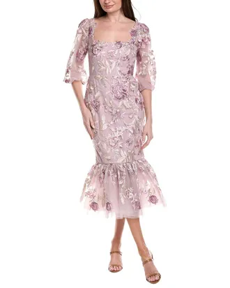 Marchesa Puff Sleeve Midi Dress