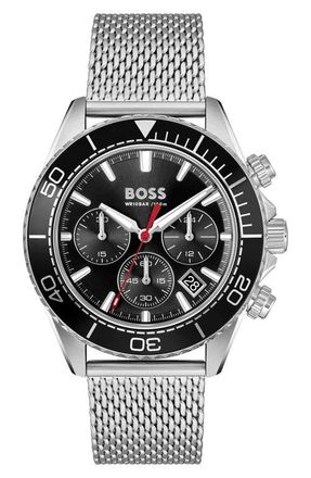 BOSS Sealiner Chronograph Mesh Strap Watch, 44mm in Black at Nordstrom
