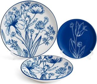 Generico Servizio Di Piatti Da Tavola In Porcellana Tulip Blu 18 Pezzi