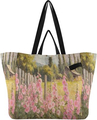 Generic Pink Flower Field pattern Reusable Canvas Tote Bag, Heavy Duty Grocery Shopping Bag with Double Handles Hard Bottom Large Capacity Work Groceries Trav