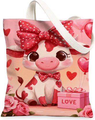 Generic Cute Cow Canvas Tote Bags, Adorable Animal Heart Pattern Reusable Grocery Bags, ValentineS Floral Lightweight Washable Sho, Peach, 13x15 Inch