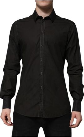 Dolce & Gabbana Cotton Jacquard Gold Collar Dress Shirt - Heren - Casual Overhemden - Zwart - XL - Katoen - Overhemden