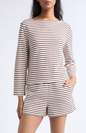 Veronica Beard Hovey Stripe Stretch Cotton Boat Neck Top in Dove Raisin at Nordstrom, Size X-Small