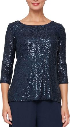 Alex Evenings Sequin 3/4 Sleeve Blouse With Side Slit Detail In Navy