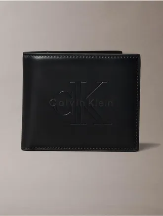 Calvin Klein Mens Embossed Monologo Bifold Wallet with Coin Pouch - Black