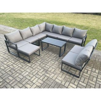Fimous Fimous Aluminium 10 Seater Patio Outdoor Garden Furniture Lounge Corner Sofa Set with Oblong Coffee Table with Big Footstool Dark Grey