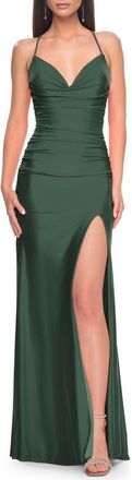 La Femme Ruched Jersey Prom Dress with Slit in Emerald at Nordstrom, Size 12