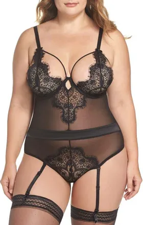 Oh l&agrave; l&agrave; Ch&eacute;ri Eyelash Curves Lace Teddy in Black at Nordstrom, Size 2X