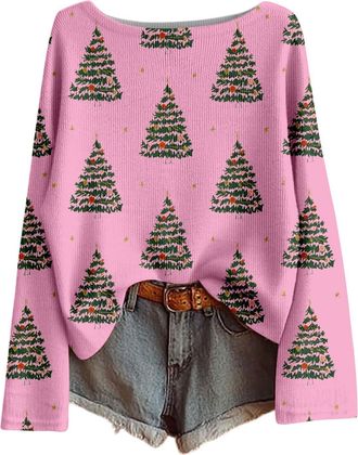 Generic Christmas Jumpers for Women Xmas Tree Print Ladies Xmas Tops Funny Christmas Sweater Boho Sweatshirt Pullover