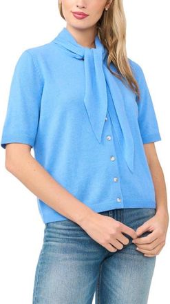 CeCe by Cynthia Steffe Tie Neck Short Sleeve Cardigan in Ocean Frost at Nordstrom, Size X-Large