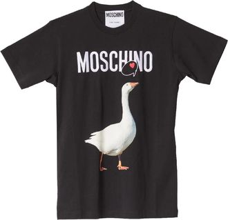 Moschino Tops, Dames, Zwart, L, Katoen, Zwarte katoenen T-shirt met Luisa Goose Print