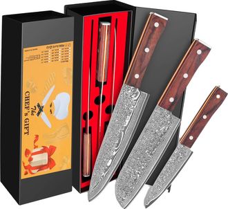 OEM Juego De Cuchillos De Cocina, Acero De Damasco, Mango Ergon&oacute;mico, Juego De Tres Piezas