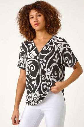 Roman Textured Print Zip Detail Top