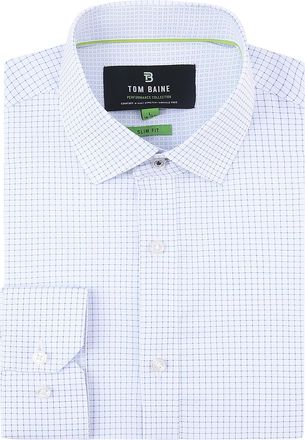 Tom Baine Men Slim Fit Performance Long Sleeve Geometric Casual Button Down Shirt, White/Blue, Large