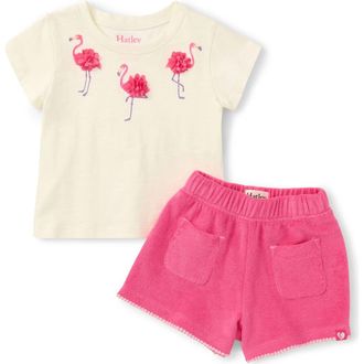 Hatley Kids Flamingo Cotton T-Shirt & Terry Shorts Set in Cami Lace at Nordstrom, Size 12-18M